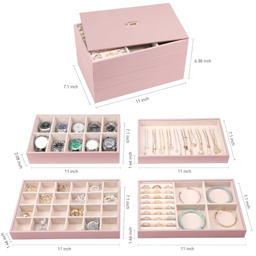 Voova Stackable Jewelry Organizer Tray with Lid (Set of 4, Rose Gold) | Stackable PU leather jewelry trays with drawer inserts for earrings, rings, necklaces, bracelets and watches; set of 4 - color: Rose Gold