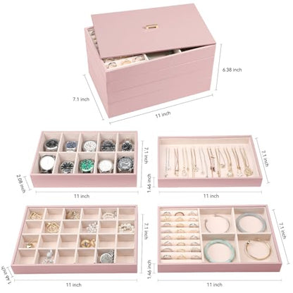 Voova Stackable Jewelry Organizer Tray with Lid (Set of 4, Rose Gold) | Stackable PU leather jewelry trays with drawer inserts for earrings, rings, necklaces, bracelets and watches; set of 4 - color: Rose Gold