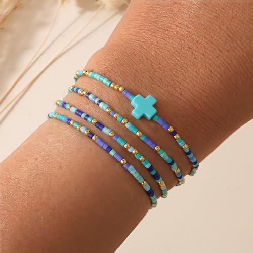 Christian Cross Christmas Stackable Seed Beaded Bracelets for Women, Boho Colorful Healing Stretch Accessories God Christ Pray Faith Amulet Jewelry, Daily Party Holiday Friendship Gift - color: Blue