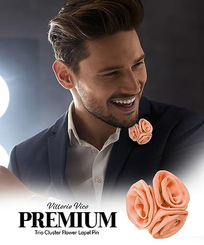 Premium Trio Cluster Flower Lapel Pin - Formal Boutonniere for Men, Flower Brooch Pin - color: Peach