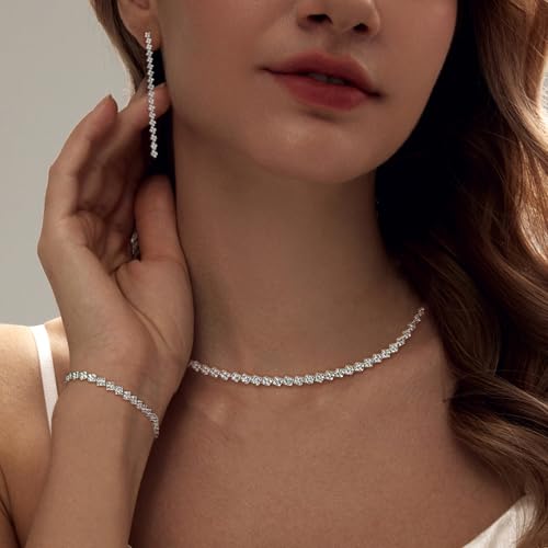 HAXIYA Tennis Necklace Bracelet for Women, Sterling Sliver Jewelry Set, Silver/Gold Chocker Necklace, Crystal Bracelet for Women, Wedding Jewelry for Bride, Sparkly Party Prom Hypoallergenic - color: Silver