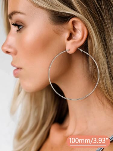 FaithHeart Silver/Black/Gold Stainless Steel Thin Hoop Earrings for Women | 2mm Wide Thin Large Hoop Earrings, Hypoallergenic Lightweight Trendy Jewelry, 20/30/40/50/60/70/80/90/100mm - color: Silver, size: 100mm/3.93"