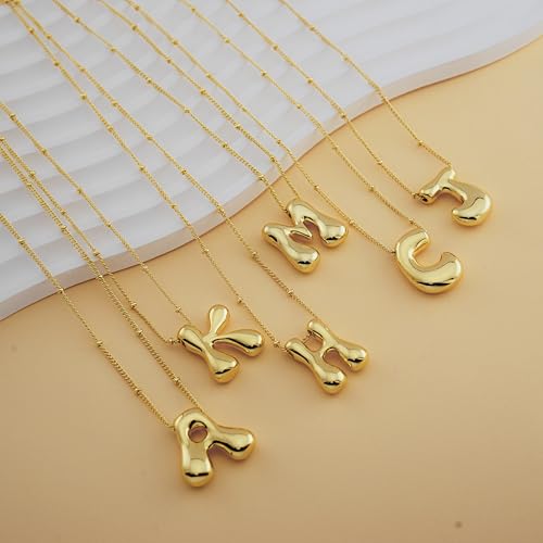 Bheop Initial Necklace for Women, Gold Silver A-Z Bubble Letter Necklace | Chunky Personalized Monogram Name Pendant, Cute Balloon Charm, Dainty Beaded Chain, Trendy Jewelry Gifts, Non Tarnish - color: Gold, style: J
