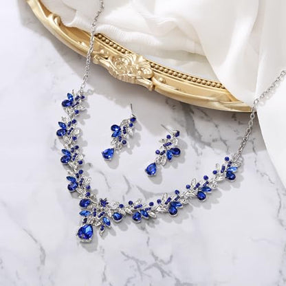 Women's Wedding Jewelry Set Leaf Flower for Bridal Prom Party | Stunning Crystal Teardrop Marquise Cluster Pendant Necklace Dangle Earrings Set for Bride Bridesmaid - color: Royal Blue Silver-Tone