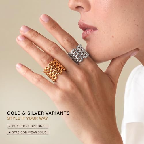 Namami Adjustable Gold Plated & Rhodium Plated(Silver) Wrap Rings for Women | Stackable Pure Brass Tarnish Free & Hypoallergenic, Minimilist Brick Design, 18K Gold Plated Wide Band Chunky Statement Ring - color: Gold