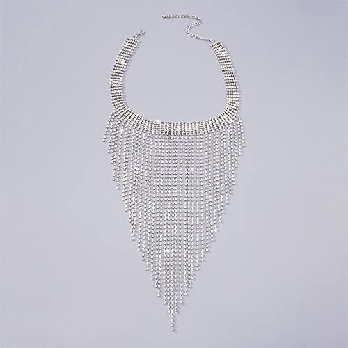 Aomcisi Fashion Women Sexy Rhinestone Bib Choker Necklace Tassel Long Chain Necklace - color: Silver