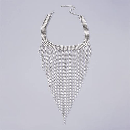 Aomcisi Fashion Women Sexy Rhinestone Bib Choker Necklace Tassel Long Chain Necklace - color: Silver