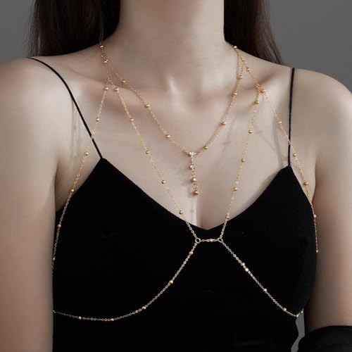 Gold Plated Body Chain for Women, Layered Bikini Waist Chain | Sexy Rhinestone Body Jewelry, Chest Belly Chain, Adjustable Fit, Crossover Design, Summer Beach Parties and Vacations - color: Gold5