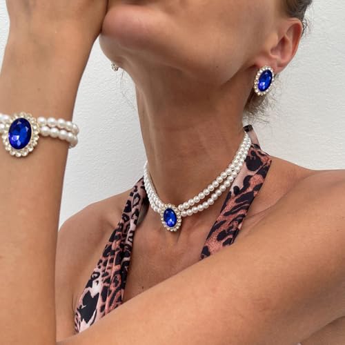 3Pcs Dainty Elegant Imitation Pearl Beaded Choker Necklace Bracelets Earrings Set Handmade Adjustable Faux Pearl Necklace for Women Bridal Wedding Party Prom Birthday Valentine Jewelry Gifts - color: F blue