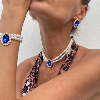 3Pcs Dainty Elegant Imitation Pearl Beaded Choker Necklace Bracelets Earrings Set Handmade Adjustable Faux Pearl Necklace for Women Bridal Wedding Party Prom Birthday Valentine Jewelry Gifts - color: F blue