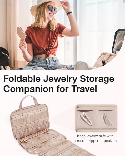 BAGSMART Travel Jewelry Case, Hanging Roll Jewelry Bag with Zipper Pockets Jewelry from Oxidation, Large Capacity for Earrings, Necklaces, Rings on Closet, Wall, Door, Portable Travel Essentials, Pink - color: Pink