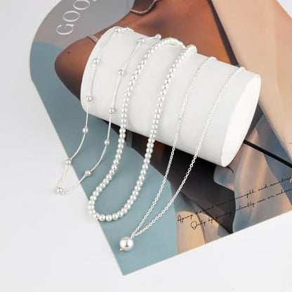 DIBOLA Gold Jewelry Set for Women, Dainty Layered 14K Gold/Silver Pearl Choker Necklaces and Earring Set Pearl Earrings Bracelets Wedding Bride Jewelry - color: 3 layered-silver
