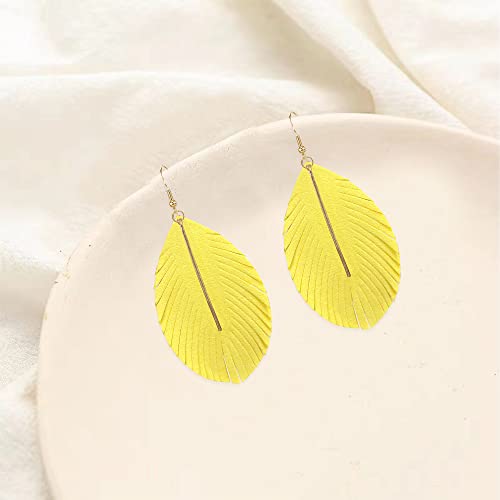 YUNXI Large Genuine Soft Leather Handmade Fringe Feather Lightweight Leaf with Simple Drop Metal Bar Tear Drop Dangle Color Earrings for Women - color: Light Yellow