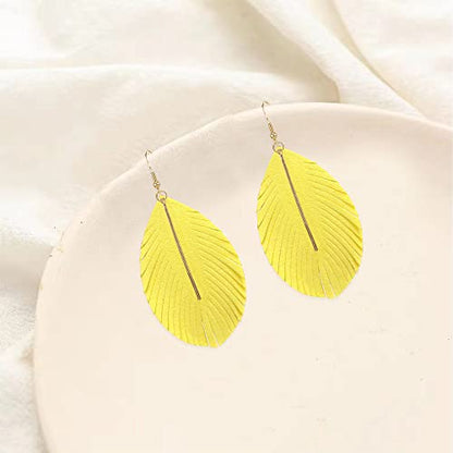 YUNXI Large Genuine Soft Leather Handmade Fringe Feather Lightweight Leaf with Simple Drop Metal Bar Tear Drop Dangle Color Earrings for Women - color: Light Yellow