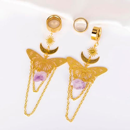 DOEARKO 2PCS New Butterfly-Pendant Hypoallergenic Stainless Steel Dangle Ear Plugs Tunnels Ear Gauges Stretcher Pair Selling 2g 0g Piercing Body Jewelry - color: Gold, size: 25mm