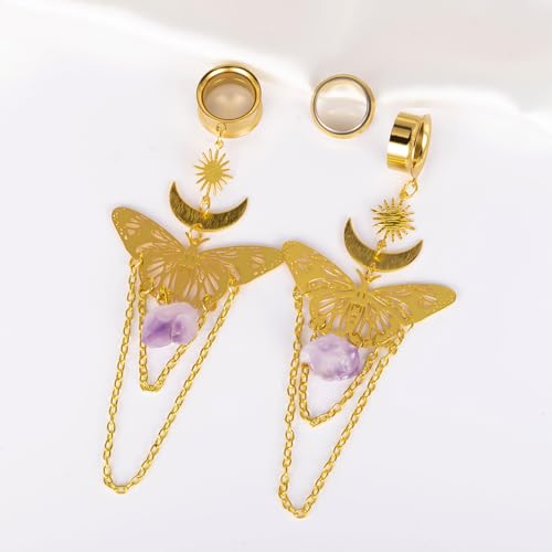 DOEARKO 2PCS New Butterfly-Pendant Hypoallergenic Stainless Steel Dangle Ear Plugs Tunnels Ear Gauges Stretcher Pair Selling 2g 0g Piercing Body Jewelry - color: Gold, size: 19mm