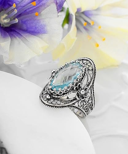 Filigranist 925 Sterling Silver Handcrafted Filigree Art Flower Pattern Woman Oval Statement Ring, Gift Boxed - color: Blue Topaz