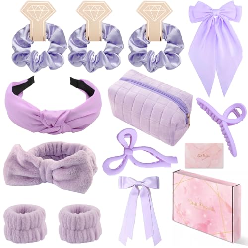 Spa Headband and Wristband Set Top Knotted Headbands Silky Satin Hair Bows Bows Hair Clip Big Hair Claw Clips Butterfly Hair Accessories Satin Silk Scrunchies Quilted Makeup Bag Blank Cards Gift Box - color: Purple