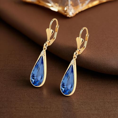 Teardrop Austrian Crystal Leverback Dangle Drop Earrings for Women | 14K Gold Plated,Classic Teardrop Elegance,Leverback for Easy Secure Wear,Gift Box Included, Brighten Up Daily and Party Looks - color: Bermuda Blue
