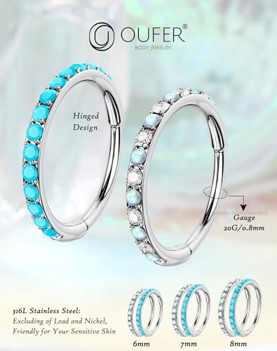 OUFER Turquoise CZ Opal Nose Rings for Women, 316L Surgical Steel 6MM Nose Rings Hoops, Silver Hinged Segment Septum Lip Eyebrow Cartilage Conch Rook Helix Tragus Daith Piercing Jewelry-6/7/8MM - color: Silver, Turqoise and Opal