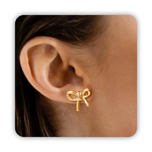 DAYANEY Silver Gold Bow Dangle Long Earrings for Women Trendy | Bow Rhinestone Ribbon Earring Chain Prom Jewelry, Bow Earrings Statement Dainty Earring as Wedding Bridesmaid Formal Jewelry - color: Gold, size: bow stud