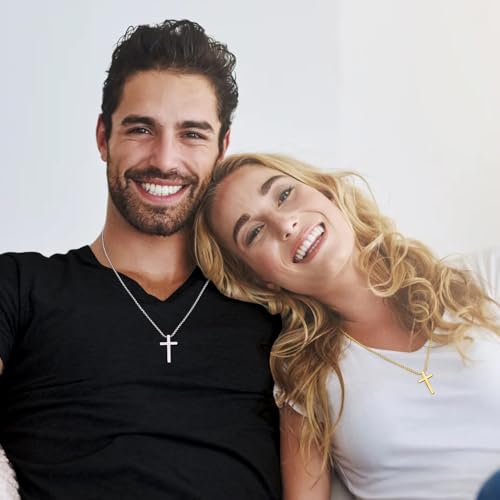 Fiusem Cross Necklace for Men, Stainless Steel Cross Pendant Jewelry Gift | Silver/Gold/Black Mens Cross Necklaces with 2.5mm Cross Chain, Box Chain 16-28 Inch - size: 26.0 Inches, style: Small silver cross: 1.2" * 0.7"