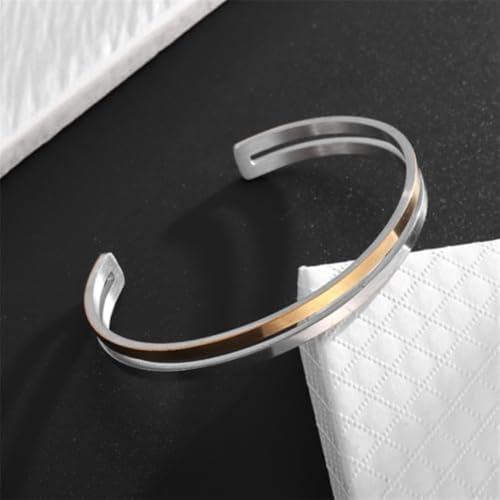Simple polished titanium steel open bracelet, stainless steel C-shaped bracelet, adjustable double line bracelet, suitable for daily wear or gift giving, suitable for both men and women - color: silver gold