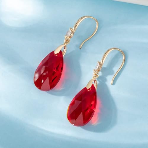 Austrian Crystal Teardrop Dangle Drop Earrings for Women 14K Gold Plated Hook Earring Hypoallergenic Jewelry Gifts for Women Girls - color: Red