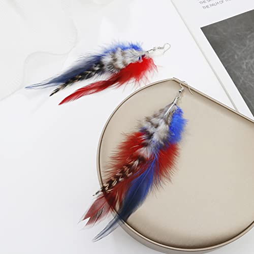 Long Bohemian Pheasant Feathers Statement Earrings Handmade Natural Lightweight Feather Dangle Earrings for Women (ea000067) - color: Red&Blue A