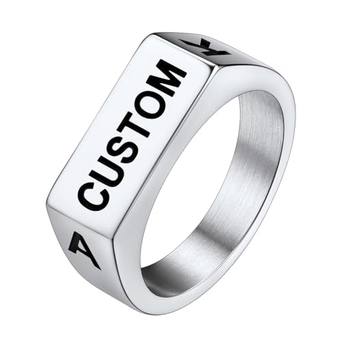Bestyle Stainless Steel Signet Ring for Men Women in Gold/Black/Silver/Vintage Gray Tone, Chunky Thick Heavy Dome Band Ring Cool Finger Ring, Gift for Dad Husband, Size 7-14 Customizable - color: 02. Silver-Rectangle-Custom