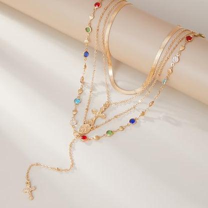 Layered Cross Necklace Set for Women, Layered Choker Necklaces Trendy Jewelry, Colorful Enamel Beaded Y-Shaped Lariat Necklace, Boho Multilayer Cross Necklace for Party and Daily Wear - color: Gold-06