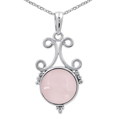 Natural Round Gemstone Pendant Necklace for Women, 925 Sterling Silver | Solitaire Birthstone Jewelry With 18 Inch Chain, Handmade Semi Precious Stone Pendant, Jewelry Gift for Mom, Wife & Sister - color: Rose Quartz