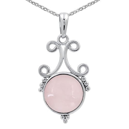 Natural Round Gemstone Pendant Necklace for Women, 925 Sterling Silver | Solitaire Birthstone Jewelry With 18 Inch Chain, Handmade Semi Precious Stone Pendant, Jewelry Gift for Mom, Wife & Sister - color: Rose Quartz