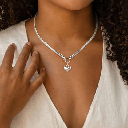 NUZON Sunburst Heart / 2-Tone Interlocking/CZ Evil Eye/Single Pearl/Love Heart Pendant Necklace for Women 14K Gold Chain Necklace Chunky Statement Jewelry - color: "Love you" Heart - Silver