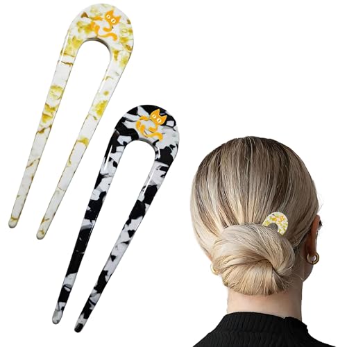 2 Pcs French Twist Hair Pin Cute Cat U-Shaped Hair Pin French Hair Pins for Women & Girl Acetate Hair Fork for Bun Thick/Thin Hair Daily & Wedding Hair Styling Accessories - color: yellow