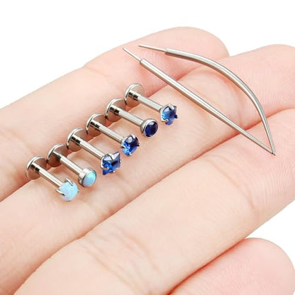 F136 Titanium 20/18/16g Internally Threaded Medusa Monroe Lip Ashley Labret Nose Rings Flat Back Tragus Helix Cartilage Conch Screw Stud Earrings Surgical Steel Piercing Jewelry for Women - color: Blue CZ, size: 16g*1/4in