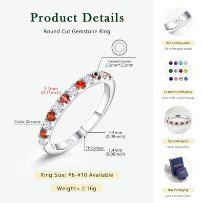 Birthstone Rings Eternity Band 925 Sterling Silver/Yellow Gold-Plated Created Gemstone Stackable Wedding Band 2.7mm Thin Half Eternity Rings for Women Size 6 to 10 - color: 01-Garnet-Jan.