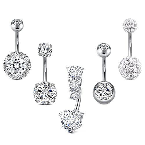 Belly Button Rings Stainless Steel 14G CZ Opal Navel Rings Barbells Women Girls Belly Piercing Jewelry - color: Silver Color-Style B: 5 PCS