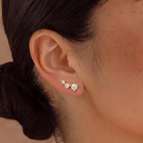 Ear Climber Earrings for Women, 14K Gold Plated/Silver Plated | Crawler Earrings Pierced with Cubic Zirconia, Hypoallergenic Cluster Stud Tragus Conch Daith Cartilage Jewelry Gift for Daily - color: Gold-3