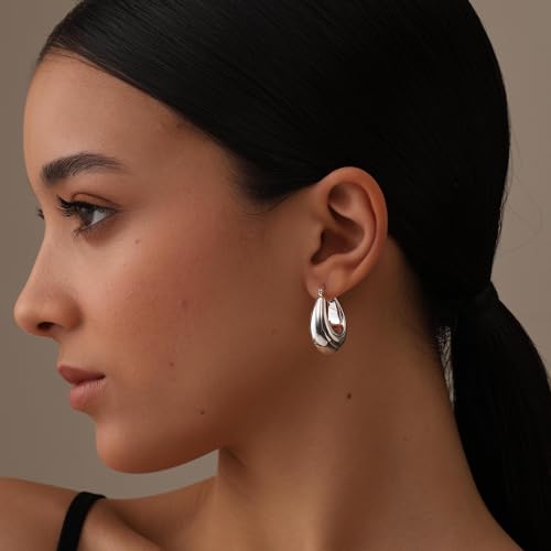 LeCalla Sterling Silver Hoop Earrings for Women | Lightweight Silver Chunky Hoop Earrings | Handmade Electroform Hollow Italian Design Click-Top Earrings Hoop - color: Chunky Thick Oval