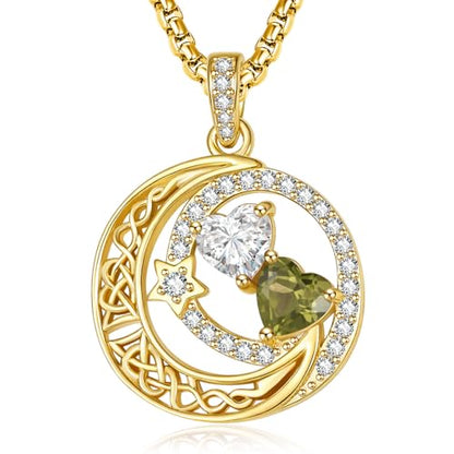14K Gold Moon and Star Double Birthstone Necklace Gifts for Women | 2 Heart Birthstone Necklace,Mothers Day Wedding Anniversary Birthday Gifts for Wife Mom Daughter Grandma Sister - color: 04-08-Apr-Aug Birthstone