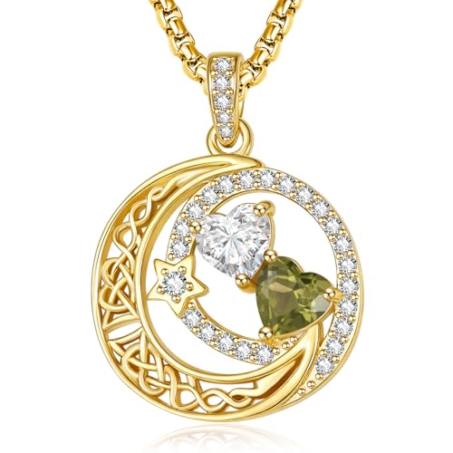 14K Gold Moon and Star Double Birthstone Necklace Gifts for Women | 2 Heart Birthstone Necklace,Mothers Day Wedding Anniversary Birthday Gifts for Wife Mom Daughter Grandma Sister - color: 04-08-Apr-Aug Birthstone