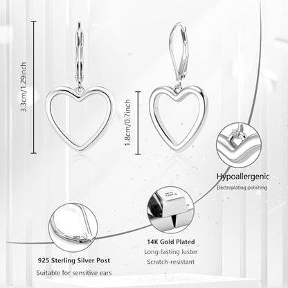 14K Gold Plated 925 Sterling Silver Openwork Love Heart Dangle Earrings, Leverback Huggie Hoop Hypoallergenic Trendy Earrings for Women - color: 925 Silver-B