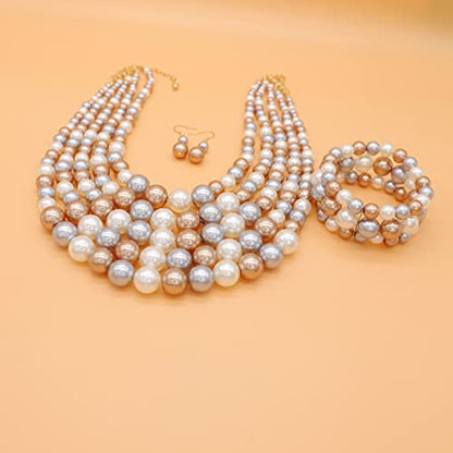 JNF Large Faux Pearl Necklaces for Women Multi strand Pearl Necklace Bracelet and Earrings Set 1920s Costume Pearls Necklace Jewelry Accessories - color: pearl necklace set champagne