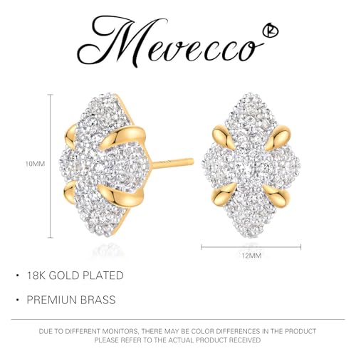 MEVECCO Pave Cubic Zirconia Stud Earrings for Women, 18K Gold Plated Brass | Pave CZ Fronts, Curved Gold Plated Edge Accents, Soft Motifs and Clean Geometric Styles - style: rhombus