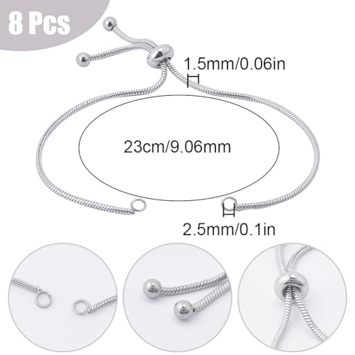 SUNNYCLUE 1 Box 8Pcs Adjustable Slider Bracelet 304 Stainless Steel Adjustable Chain Slider Bracelets Extender Chains for Jewelry Making DIY Craft Supplies - color: Silver Snake Chain, Round Ball End