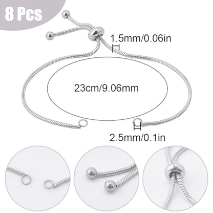 SUNNYCLUE 1 Box 8Pcs Adjustable Slider Bracelet 304 Stainless Steel Adjustable Chain Slider Bracelets Extender Chains for Jewelry Making DIY Craft Supplies - color: Silver Snake Chain, Round Ball End
