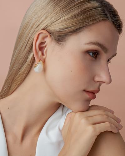SNGIA Oval C Shape Chunky Dangle 18K Gold Plated Hoops with Colored Resin Gemstone Statement Earrings for Women by SNGIA, (Green, Brown, Blue, Pink, White, Cream), Long Bold Drop Handmade Exaggerated Irregular Trendy Bohemian Jewelry Gifts, Unique Danglin