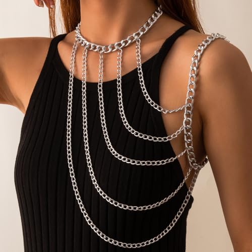 WeeH Shoulder Necklace Chain Body Jewelry Layered Shoulder Jewelry Accessory at Party Beach Summer Holidays Halloween Costume - color: Silver