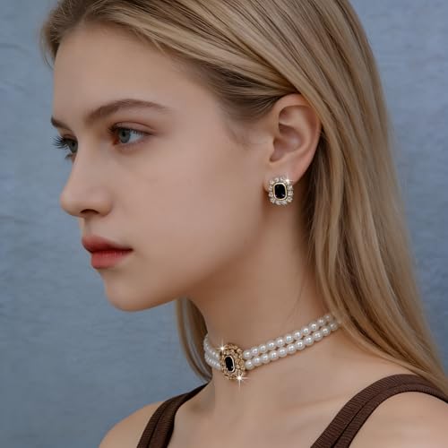 Classic Double Strand Faux Pearl Choker Necklace and Earrings Set with Crystal Accent, Elegant Jewelry for Special Occasions and Everyday Wear - color: black